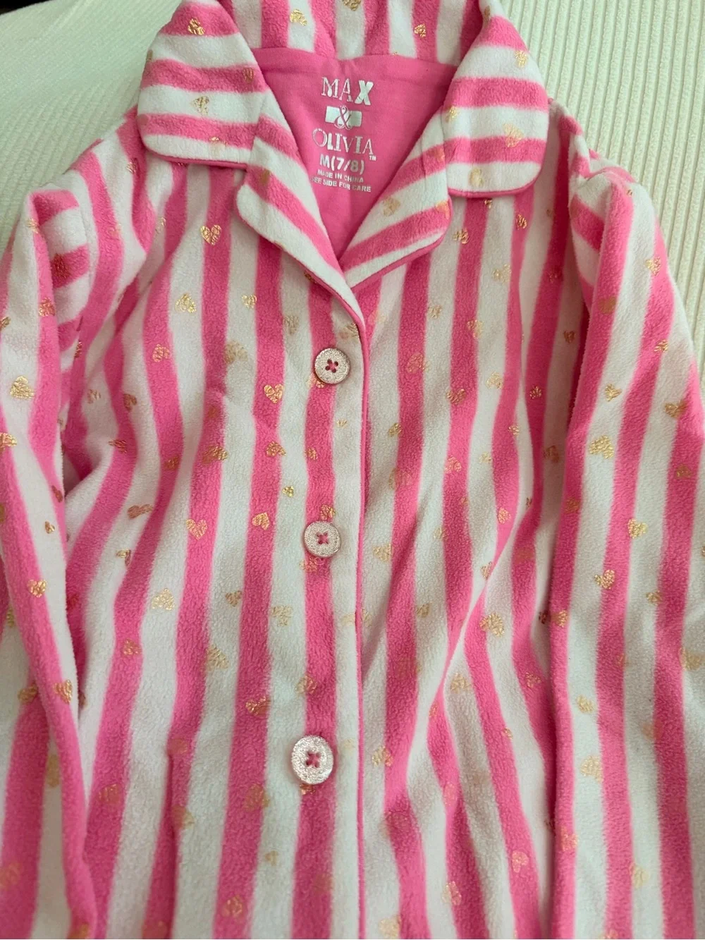 Max & Olivia Girls Pink Striped Fleece Pajama Set Size 7/8 Gold Hearts